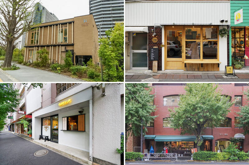 <b>左上・</b>「国立競技場/MUFGスタジアム」「都立明治公園」のすぐ側にある「BLUE SIX COFFEE(ブルーシックスコーヒー)」。(徒歩9分)/<b>右上・</b>住宅街にひっそりと佇む「HORAIYA(ホーライヤ)」。サンドウィッチとコーヒーを楽しめます。(徒歩2分)/<b>左下・</b>アーティストとしても活躍するNIGO氏プロデュースのカレーショップ「CURRY UP(カリーアップ) -HARAJUKU-」。(徒歩4分)/<b>右下・</b>住まいを彩りたい時はフラワーショップ「レ ミルフォイユ 東京店」でぜひお花を! (徒歩4分)