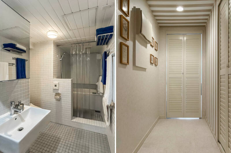 <b>左・</b>水まわりはホワイトのタイルを基調に造作されています。海外のホテルのような3in1タイプ。洗面台、トイレ、シャワースペースが同じ空間にあります。／<b>右・</b>廊下はアクセントクロスとルーバー建具が印象的。