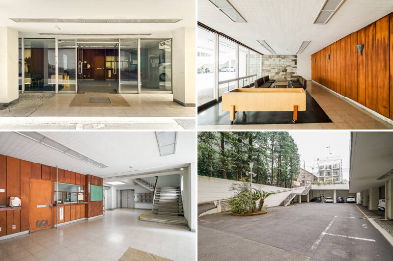 エントランスはタイルや板張りで素敵な雰囲気。広々としたラウンジスペースもありますよ。管理人さんは週6日後勤務されています。平置きの駐車場は、12,000円〜28,000円で利用可能。2026年4月現在空きがあります。