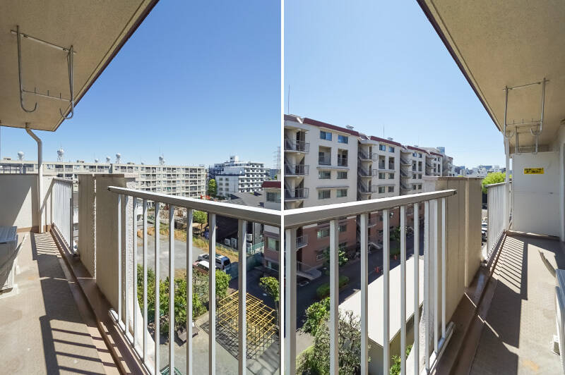 南東側は別の棟と向かい合っており、間の敷地に管理人棟や駐輪場などがあります……って、左下に見えているのは、黄色いジャングルジム？