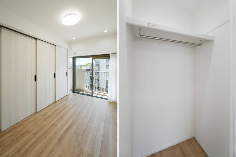 <b>左・</b>洋室Aの引き戸を閉めて独立させると、約5帖の空間になります。／<b>右・</b>収納はややスリムなクローゼットがひとつ。必要に応じて収納家具を追加するイメージでいるのがよさそうです。