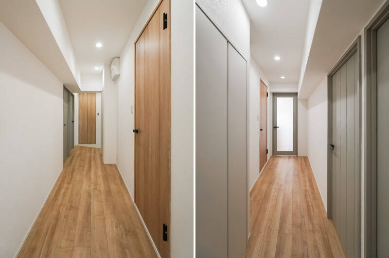 <b>左・</b>LDKを背にして玄関を見たカット。／<b>右・</b>反対側から。サービスルーム＆洋室Bのドアがオリーブグリーンに塗られているのが可愛いポイントです。