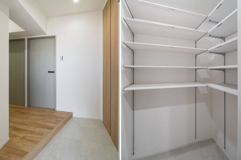 <b>左・</b>玄関土間をパシャリ。左手の梁に少しご注意ください。／<b>右・</b>玄関の靴収納は、奥行きが深く、うれしくなってしまうような大きさです！