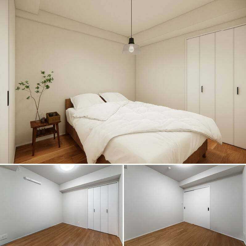 LDKに隣接する洋室Aは、ダブルベッドが置ける約5.2帖の広さ。折れ戸2枚分のクローゼットが備わっています。LDKから目が届きやすいので、子ども部屋にするのが良さそう。（上・CGイメージ）