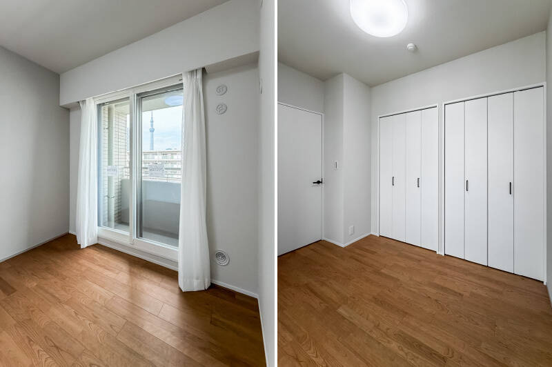 ダブルベッドが置ける、約5帖の空間。折れ戸4枚分の収納が設けられています。