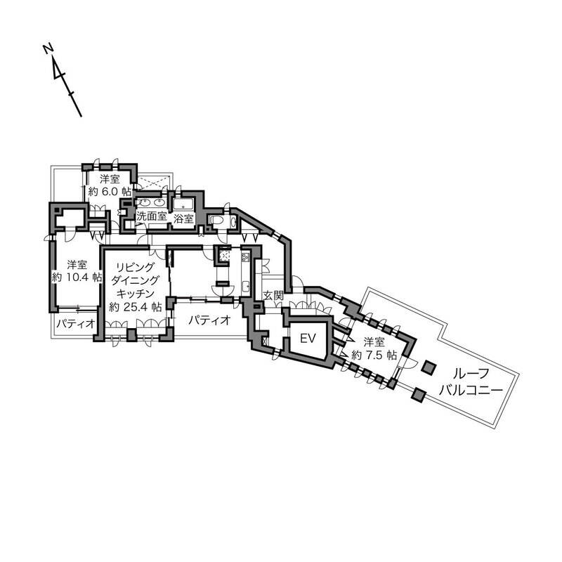 間取り図で見ると、住戸の形が特徴的なのがよくわかりますね。まずは、南東側の洋室A、ルーフバルコニーから見ていきましょう！