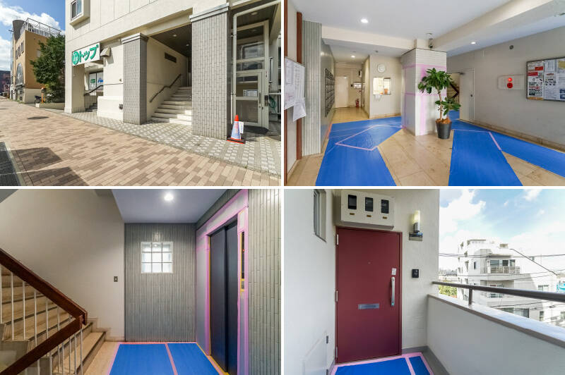 <b>左上・</b>マンションの1階には、スーパー「トップ 若林店」が入居しています。10時から21時まで営業しているので、日々のお買い物には困らなさそう! (徒歩1分)/<b>右上・</b>エントランスから入って左側には、メールボックスと掲示板が。奥には管理人室があります。管理人さんは毎日9時から16時まで勤務されているという手厚い体制。安心感がありますね。/<b>左下・</b>エレベーターで住戸へ向かいます。/<b>右下・</b>住戸前に到着。玄関扉の前は独立しており、ほかの住民が行き来することはありません。プライバシー性が高くてGOODですね。