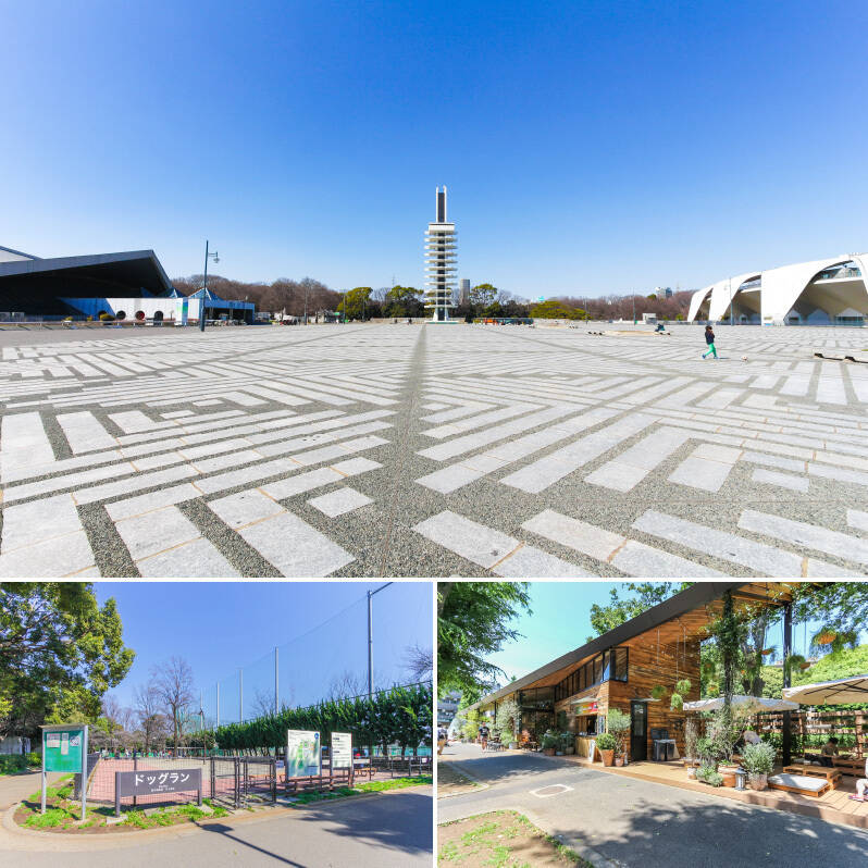 <b>上・</b>「駒沢オリンピック公園」は、徒歩5分。都会でありながら、気軽に自然と触れ合える距離感です。/<b>左下・</b>敷地内に併設されているドッグランは、愛犬の遊び場所にぴったりです。/<b>右下・</b>“世田谷育ち” の野菜をふんだんに使ったカフェレストラン「Mr.FARMER(ミスターファーマー)」。テラス席であれば、ペットも同伴可能です。お散歩の休憩にいかがでしょうか?(徒歩13分)