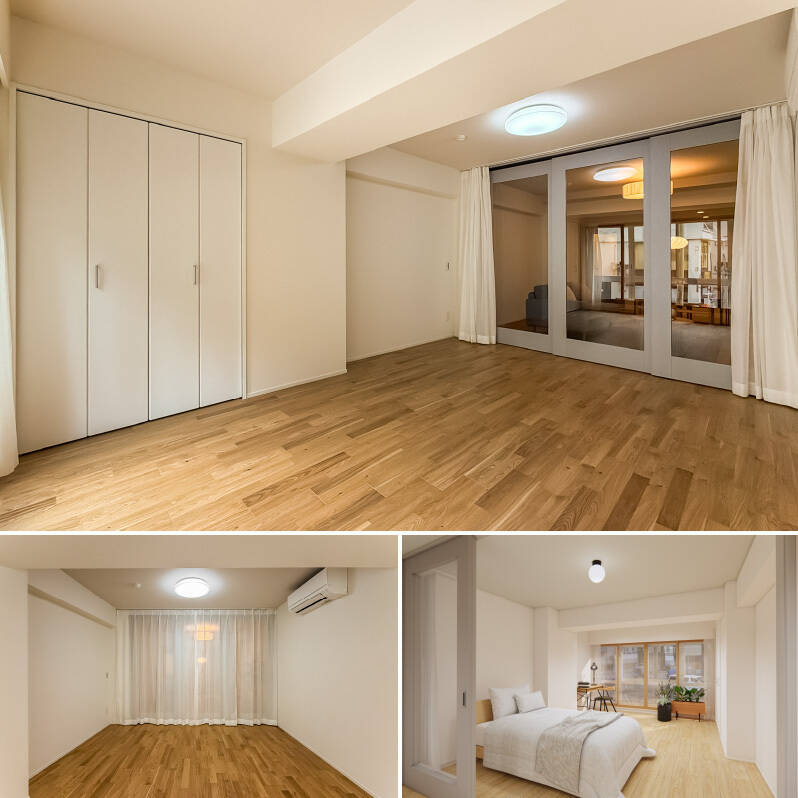 扉を閉めていても視線が抜け、広がりを感じられる設計。カーテンを引くとプライベートスペースに早変わり。ベッドのほかにもデスクなどを置いてもなお、ゆとりある広さを備えています。（右下・CGイメージ）