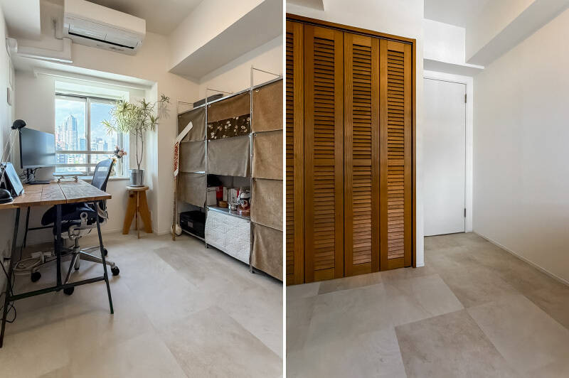 <b><b>左・</b></b>LDK側に位置する洋室Aは、約3.9帖。北東側に窓が付いています。／<b><b>右・</b></b>ルーバー風の扉が可愛らしいクローゼットには、ハンガーパイプと枕棚を完備。