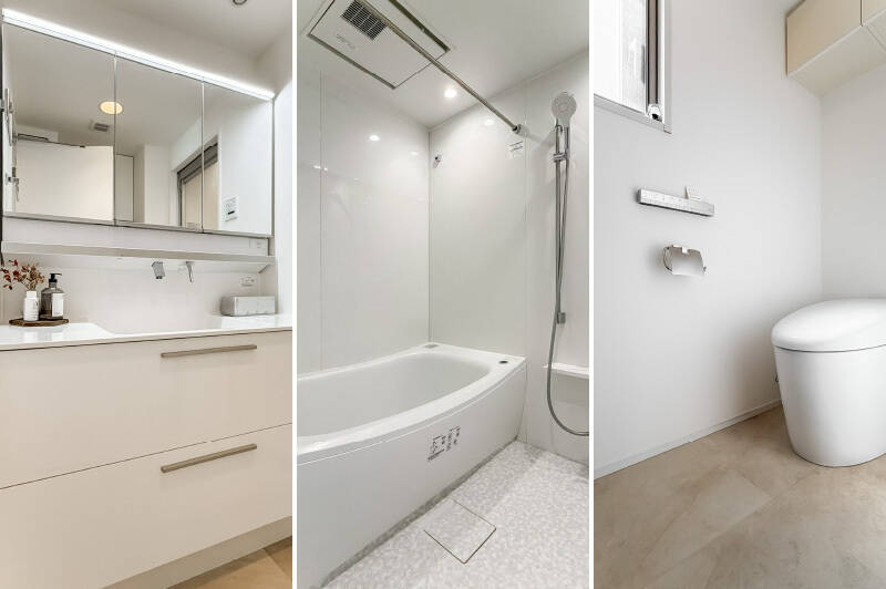 <b><b>左・</b></b>幅にゆとりがある洗面化粧台。両脇に物を置けるスペースがあるのは便利ですね◎ ／<b><b>中央・</b></b>1418サイズのユニットバスは、浴室乾燥機付きです。／<b><b>右・</b></b>コロっとした見た目が可愛らしい、タンクレストイレ。吊り戸棚が備わっています。窓も付いているので、効率的に空気の入れ替えができてGOODですね。