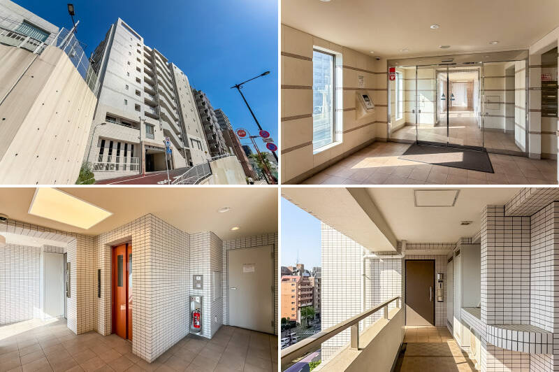 <b><b>左上・</b></b>2002年竣工、総戸数31戸のマンション。／<b><b>右上・</b></b>オートロック・宅配ボックスが備わったエントランス。防犯面に配慮されており、心強いですね。／<b><b>左下・</b></b>エレベーターホールから目的地の6階へ。／<b><b>右下・</b></b>三面角住戸につき、玄関扉の前は独立しています。