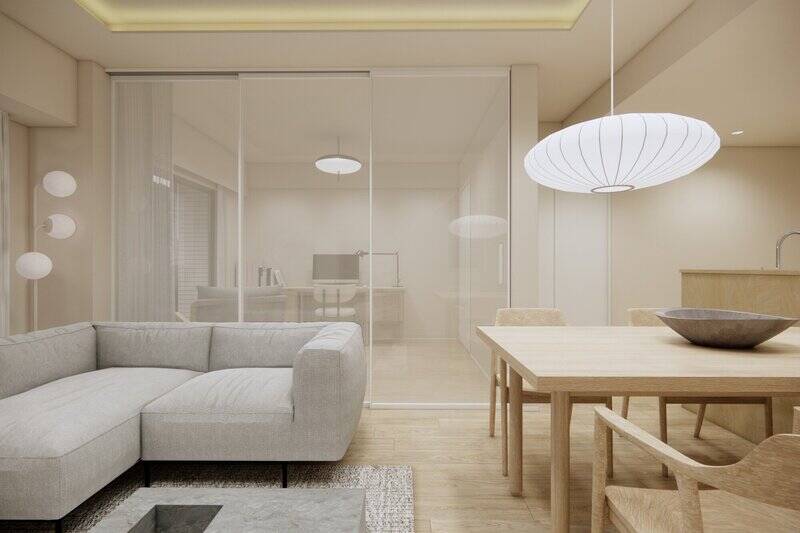 LDKの大きな特徴は、隣接する洋室Aとの間を緩く仕切る乳白色のガラスパーティション。視線をほどよく遮りつつ、自然光と家族の気配が感じられるデザインです。