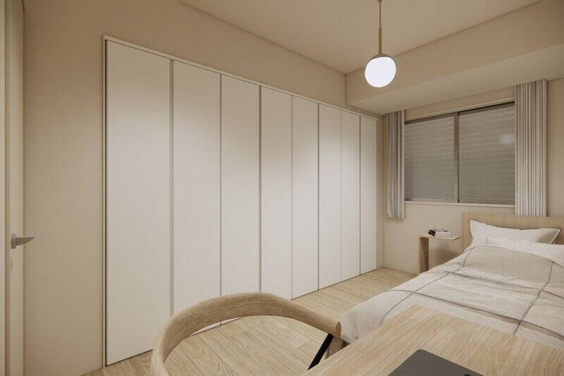 洋室Cは、壁一面の大きなクローゼット付き。寝室としてだけでなく書斎としても利用できるよう、衣類のほか本や資料も仕舞える収納量を確保しました。