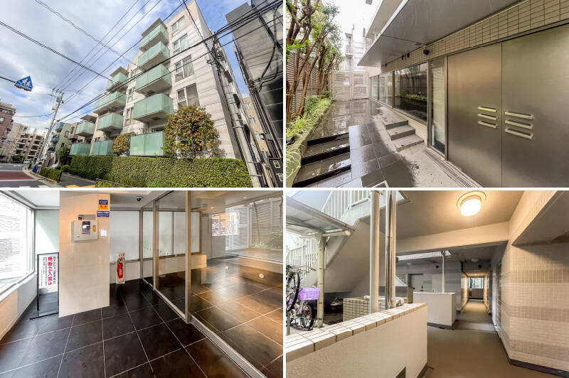 <b>左上・</b>2004年竣工の新耐震基準適合のマンション。スタイリッシュな外観です。/<b>右上・</b>手入れの行き届いた植栽に囲まれたアプローチ。/<b>左下・</b>エントランスはオートロック付き。写っていませんが、エントランスホールには宅配ボックスが備わっています。/<b>右下・</b>ご紹介する住戸は、1階に所在する角住戸です。