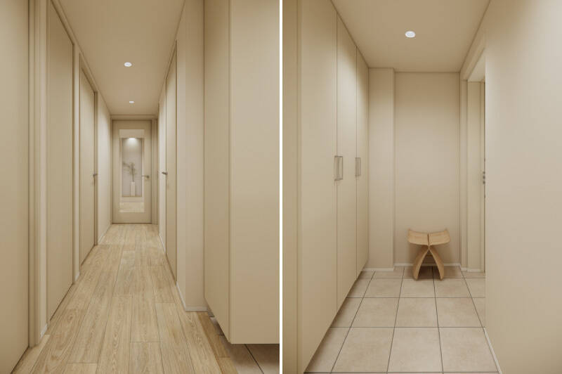 ここからは、CGイメージでご紹介します。玄関は、土間のタイルをはじめ白を基調とした空間に。トールタイプのシューズクローゼットが備わっています。