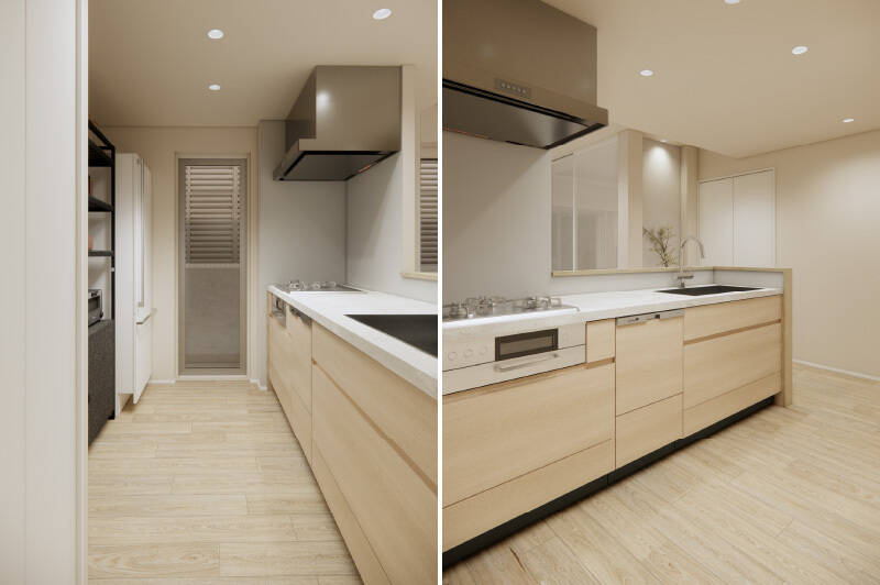 キッチンは3口コンロタイプで食洗機付きです。天板には人工大理石 コーリアンの天板を採用し、質感豊かなデザインに。背面には、冷蔵庫とカップボードなどを並べて置けるスペースがあります。