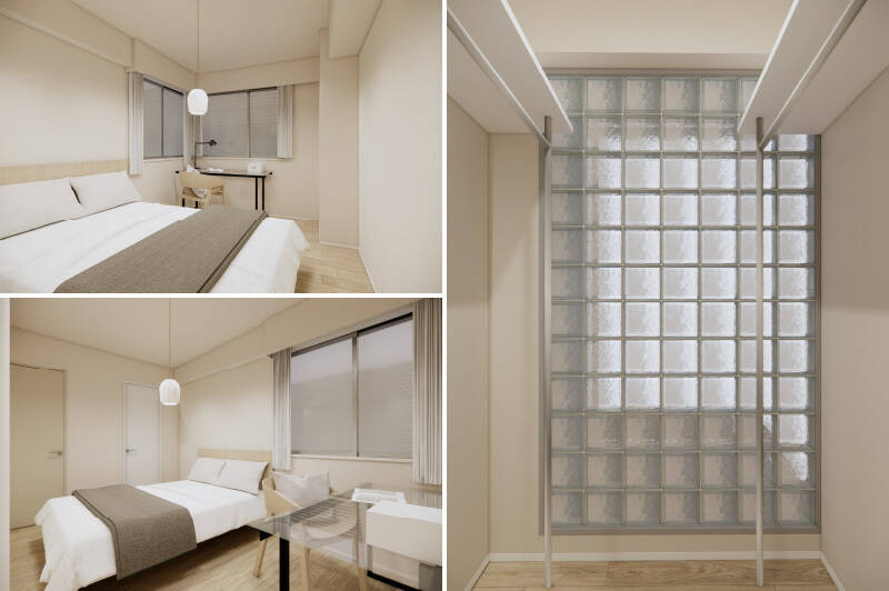 <b>左・</b>洋室Bは南東と北東の二面に窓がある空間です。/<b>右・</b>左右に枕棚とハンガーパイプが備わった大型ウォークインクローゼット(WIC)付き。ガラスブロックがなんだか涼しげに感じます。