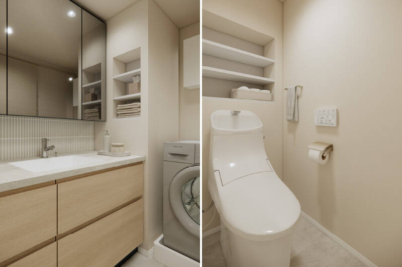 <b>左・</b>壁面のタイル貼りが可愛らしい、オリジナルデザインの洗面台。天板の両脇にゆとりがあるので、物の一時置き場として活用できそうです。壁面にはニッチ収納付き。/<b>右・</b>トイレは廊下からアクセスする間取り。こちらも背面にはニッチ収納が備わっています。