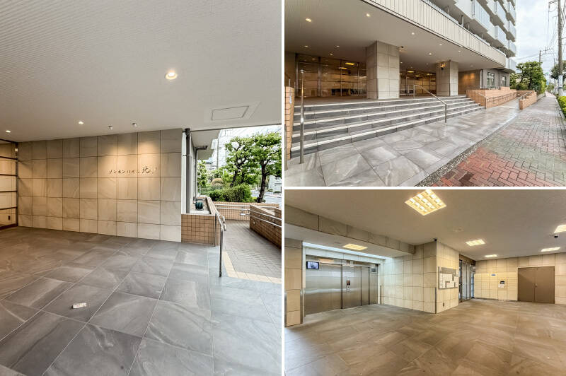 <b>左・</b>エントランスは広々としており、明るい照明も相まって、気持ちよく迎えてくれる空間です。/<b>右上・</b>大きなガラス面が広がり、開放感があります。/<b>右下・</b>宅配ボックスが備わっており、時代のニーズに合わせてアップデートされていますね。