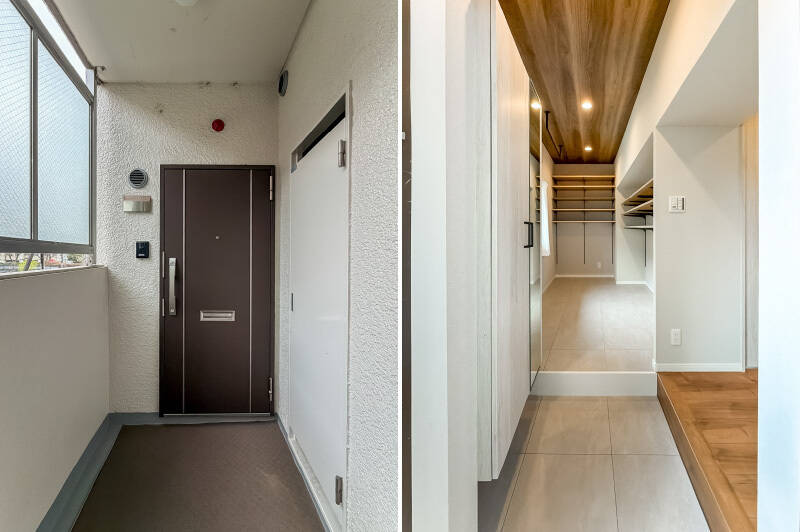 <p><b>左・</b>共用廊下の一番端に位置し、人の往来も限られるため、角部屋ならではの安心感があります。/<b>右・</b>『お邪魔します!』と玄関扉を開けると、想像とは少し違う景色。目の前に続くのは廊下ではなく……?</p>