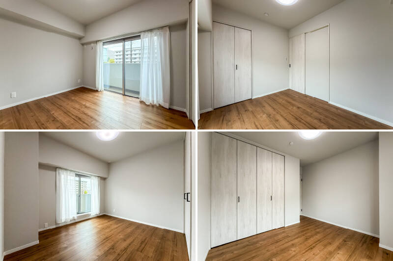 <b>上・</b>洋室BもLDKからアクセスします。広さは約4.6帖。/<b>下・</b>約5帖の洋室Cは玄関からすぐ近くの場所に。北向きのため一日を通して明るさが安定しており、落ち着いて過ごせそうです。