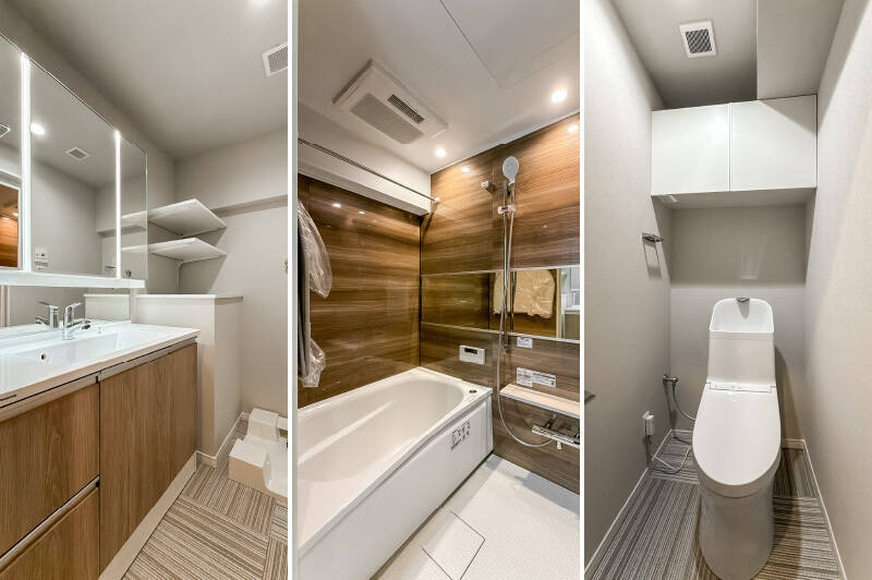 <b>左・</b>洗面化粧台の横には、オープンな可動棚を設置。/<b>中央・</b>バスルームは浴室乾燥機付きで、サイズは1116とややコンパクトです。/<b>右・</b>トイレの背面には吊り戸棚を備えています。