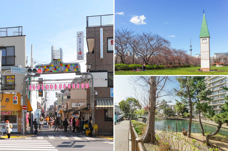 <b>左・</b>テレビでもたびたび紹介される「砂町銀座商店街」。お惣菜屋さんも多く、夕飯に迷ったときに立ち寄るのもよさそう。(徒歩8分)/<b>右上・</b>広大な緑溢れる敷地にはテニスコートや野球場などの施設があり、大人から子どもまで楽しめる憩いのスポット「猿江恩賜公園」。桜の季節は満開の景色が見事です。自転車だとより近いですよ〜!(徒歩20分)/<b>右下・</b>無料で子どもが遊べる水上アスレチックがある「横十間川親水公園」(改装工事のため現在は休場中)。この辺りは川が多く、お散歩コースにおすすめです。(徒歩13分)