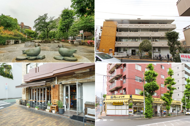 <p><b>左上・</b>「茗荷谷」駅前の春日通りから小石川植物園へと向かう、「播磨坂」の緑道。春には「文京さくらまつり」の会場として賑わいます。(徒歩4分)/<b>右上・</b>「小石川図書館」では、ご家族で楽しめる映画会やコンサートなども開催されています。(徒歩4分)/<b>左下・</b>並木道を望むテラス席が自慢のイタリアン「Pesce(ペッシェ)」。カジュアルな雰囲気で、お子さま連れにも人気です。(徒歩5分)/<b>右下・</b>最寄りのスーパーは千川通り沿いにある「肉のハナマサ 小石川店」。朝8時から夜20時まで営業する、心強い存在です。(徒歩5分)</p>