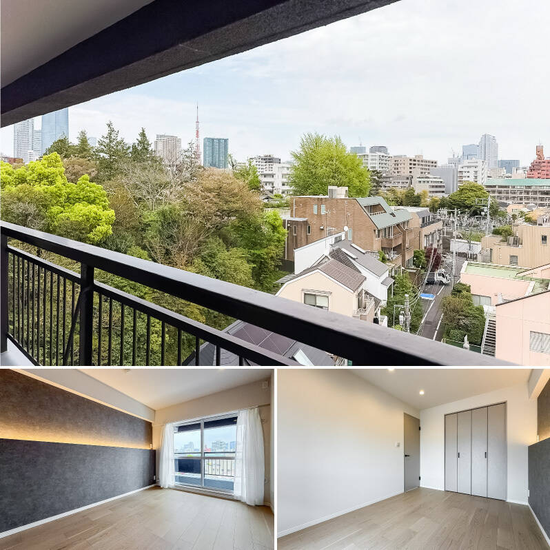 <p><b>上・</b>バルコニーに出て左手には、東京タワー！ 朝も夜も、気持ちを切り替えてくれそうな眺望です。／<b>下・</b>片側の壁にはアクセントクロスが施され、間接照明を設置。グレートーンでまとめられた、落ち着きのある居室です。</p>