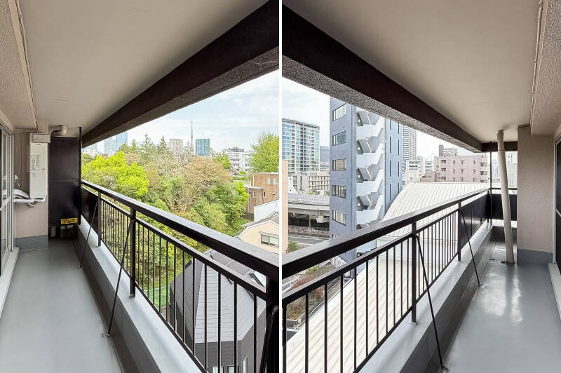 左手にはグリーンと東京タワー♡ 右側はリビング側のバルコニーとつながっています。