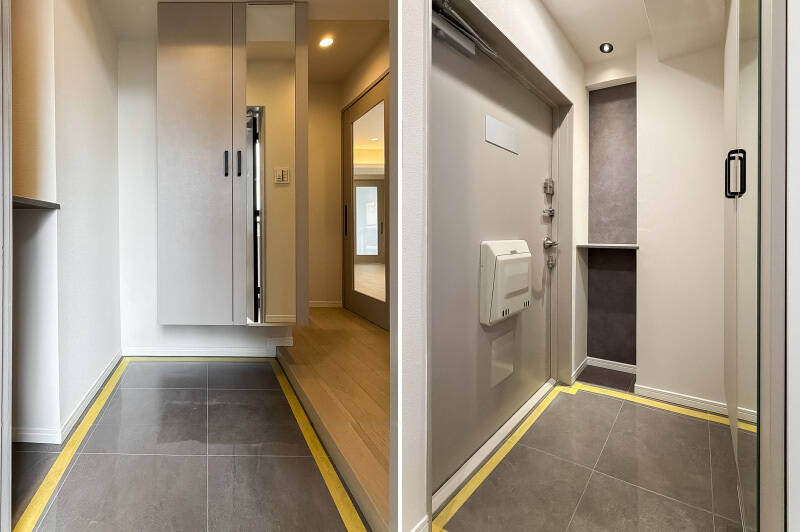 玄関にはフロートタイプの下足入れが。小さなカウンターには鍵などのアイテムを置いておくのによさそう。