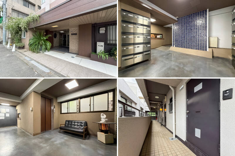 <b>左上・</b>植栽が豊かなエントランス。／<b>右上・</b>ブルーのタイルがレトロかわいい。管理人さんは週6日勤務されていますよ。／<b>左下・</b>エレベーター前には、ソファがあります。／<b>右下・</b>共用廊下。住戸は7階に所在しており、上階にお部屋がない場所に位置しています。