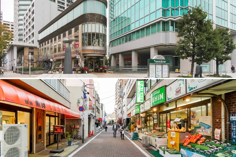 <b>上・</b>最寄りは東京メトロ南北線・都営三田線「白金高輪」駅徒歩9分。白金高輪駅直結の複合施設「白金アエルシティ」には「クイーンズ伊勢丹」やドラッグストアなどのショッピング施設のほか、飲食店も充実。／<b>下・</b>一方、駅からマンションまでのルートには「白金商店街」があり、八百屋さん・お花屋さんなど商店が並んでいます。この新旧を感じられる街並みがいいですね♪