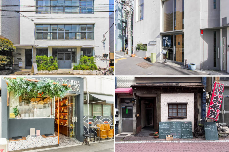 <b>左上・</b>流行に左右されない、ハイクオリティな生活雑貨を扱う「designshop（デザインショップ）」。新生活の始まりに、ぜひ立ち寄りたいお店です。（徒歩6分）／<b>右上・</b>「夢呆（むほう）」は有名人にもファンが多いお蕎麦屋さん。ランチもいいですが、夜にお酒を嗜むのもご近所ならではの楽しみ方。（徒歩10分）／<b>左下・</b>細長いマリトッツォが評判のカフェ「DRoGHERIA SANCRICCA（ドロゲリア サンクリッカ）」。クリームがとても上品で優しいお味です。（徒歩4分）／<b>右下・</b>昼は定食屋さん、夜はバルのような雰囲気でパエリアなどをいただける「サンティ」。テイクアウトでお弁当の購入もできますよ。（徒歩3分）