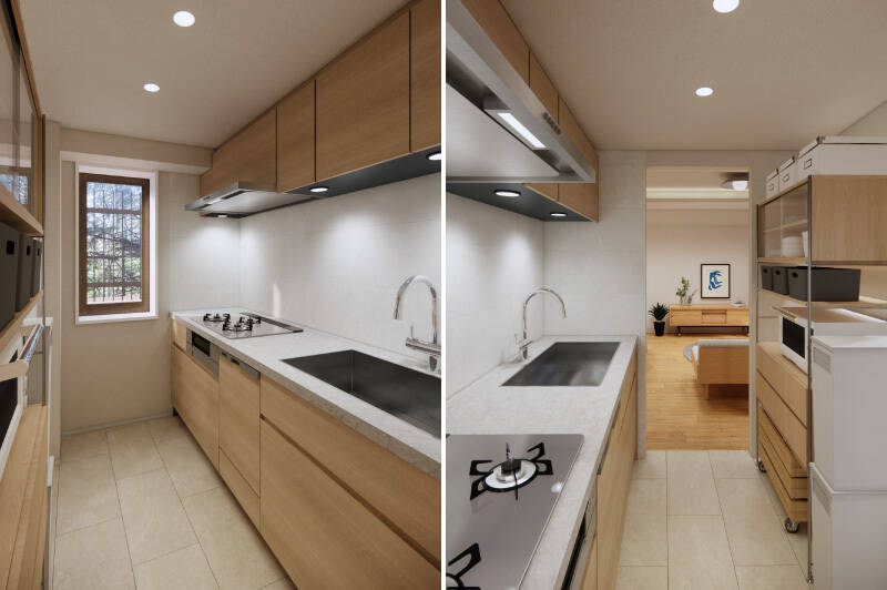 キッチンはLDからやや奥まった場所に配置することで、生活感を抑えやすいデザインに。3口コンロタイプで、食洗機を完備しています。