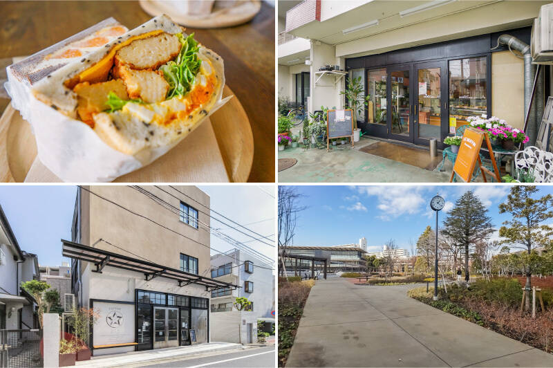 <b>左上・</b>「Sandwich&amp;Co.（サンドイッチアンドコー）」は、親子連れからシニアまで、多くの人に愛されるお店。旬の野菜やフルーツがたっぷりと入ったサンドイッチが並び、手土産にもおすすめです。（徒歩2分）／<b>右上・</b>人気のマフィンショップ「ル・マフィン・プレシュー」。「弦巻花壇」として、お花も販売しています。（徒歩2分）／<b>左下・</b>「815 Coffee Stand（ハチイチゴ コーヒースタンド）」の店内は、倉庫を改装したような広々とした空間。犬連れOKのコーヒースタンドです。（徒歩4分）／<b>右下・</b>JRAが運営する「馬事公苑」は、その名の通り馬術のための施設が豊富。緑豊かな敷地内では、桜から紅葉まで四季折々の木々を楽しみながら歩けます。（徒歩9分）