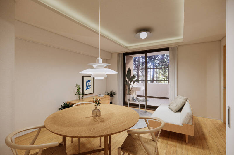 LDKの広さは約14帖。南西向きの窓の向こうにはテラスが広がり、自然と視線が外に抜ける空間です。