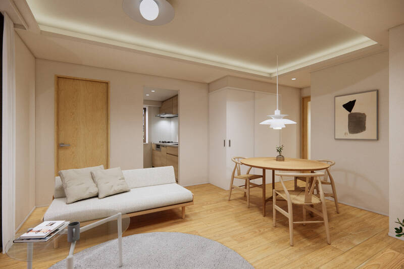 窓を背にしたカット。リビングダイニングの床にはオーク材の突板のフローリングを張り、お気に入りの家具やアートがやさしく馴染むような、ナチュラル＆シンプルな内装に仕上げます。リビングダイニング（LD）部分には、床暖房を設置しますよ。