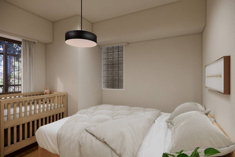 洋室Cはダブルベッドを入れても余白が残る広さ。CGイメージでは、ミニサイズのベビーベッドを置く想定をしています。