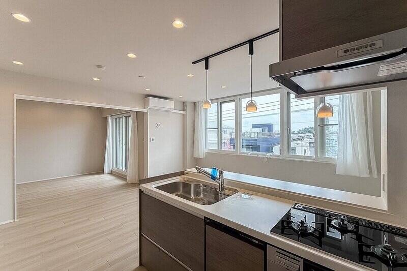 キッチンのカウンター越しに、リビングダイニングを見渡すとこんな感じ。