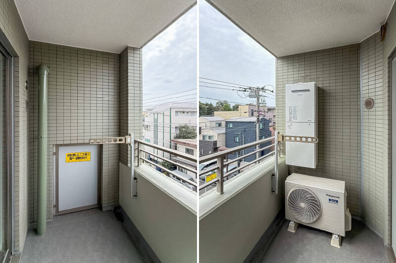 物干し金具付きのバルコニー。南向きで、晴れた日は洗濯物がカラッと気持ちよく乾きそうです。