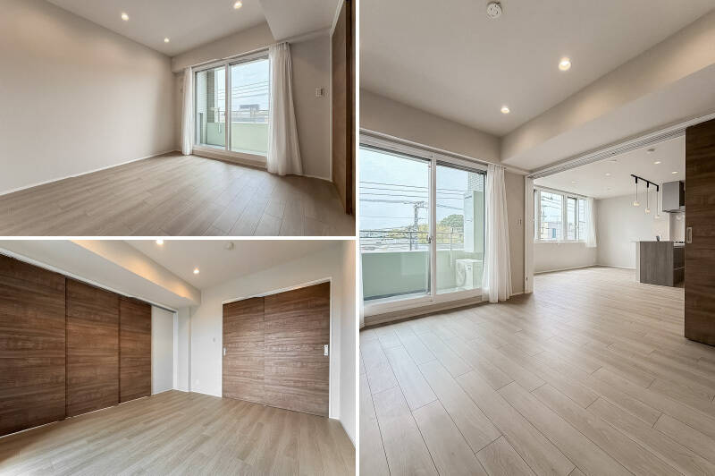 洋室AはLDKと同じく南向きで、明るい光が差し込む空間。収納として、引き戸タイプの大型クローゼット付きです。