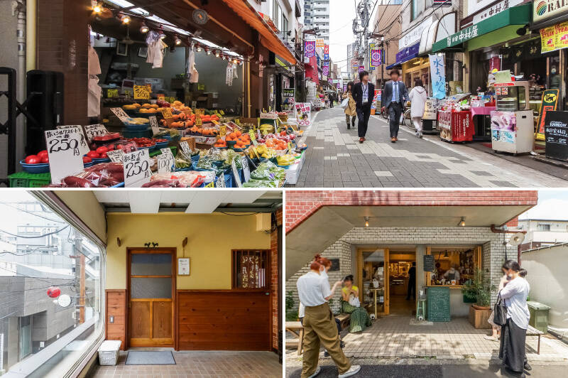 <b>上・</b>京王新線「幡ヶ谷」駅から北側に広がる、「幡ヶ谷六号通り商店街」。八百屋や老舗の時計店、個人経営のレストランや居酒屋が並んでいます。（徒歩2分）／<b>左下・</b>路地裏のビル2階に佇む、季節料理とお酒を楽しめる落ち着いた名店「酒とつまみ水無月」。（徒歩5分）／<b>右下・</b>雑誌などメディアで度々紹介される、焼き菓子のお店「Sunday Bake Shop（サンデイ ベイク ショップ）」もご近所に。（徒歩2分）<br>