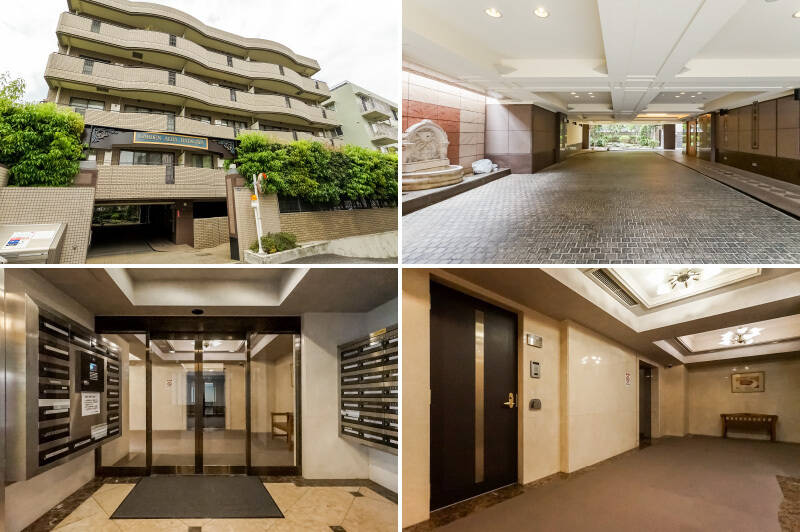 最寄り駅「幡ヶ谷」からマンションまでは徒歩5分。マンションは、1995年竣工で新耐震基準に適合しています。石畳が広がるエントランスは贅沢なつくり。共用廊下はホテルライクな内廊下設計です。