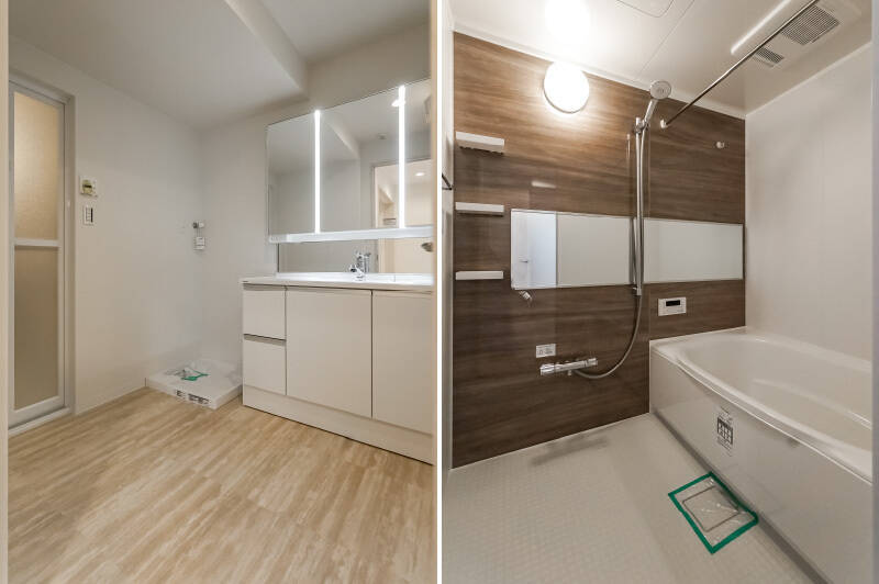 <b>左・</b>LDKから洗面室と浴室へアクセス。洗面室はふたりで使っても窮屈さを感じにくい広さ。／<b>右・</b>1418サイズのユニットバスは、浴室乾燥機を完備しています。