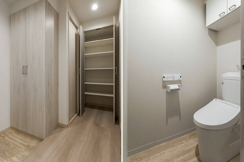 トイレには廊下からアクセス。トイレの横にある収納は、奥行きがあるため、見た目以上に収納できそう。