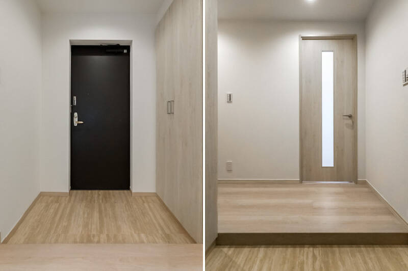 玄関は、ふたり並んで靴の脱ぎ履きができそうな広さです。