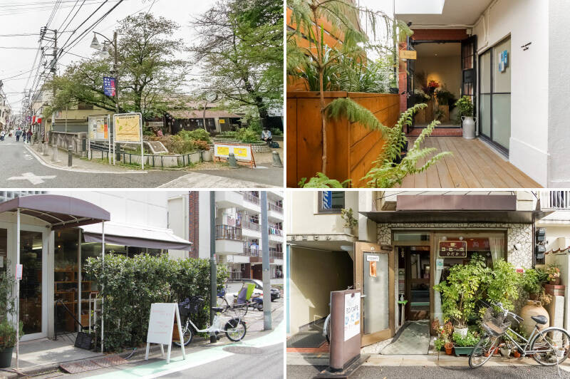 <p><b>左上・</b>商店街を横切る「玉川上水旧水路緑道」はお散歩コースにぴったり。2026年4月時点で、一部再整備工事が行われています。（徒歩7分）／<b>右上・</b>「Paddlers Coffee（パドラーズコーヒー）」の奥にひっそり佇む花屋「Forager（フォレジャー）幡ヶ谷店」。個性的な花瓶も販売しており、プレゼントにもおすすめです。（徒歩10分）／<b>左下・</b>パン屋「カネタベーカリー」。パン好きに知られる人気店。（徒歩13分）／<b>右下・</b>喫茶店「ひだか」。マスターが新聞をめくる音、そしてご近所さんの話し声。心地よい空間につい長居してしまいそう。（徒歩7分）</p>