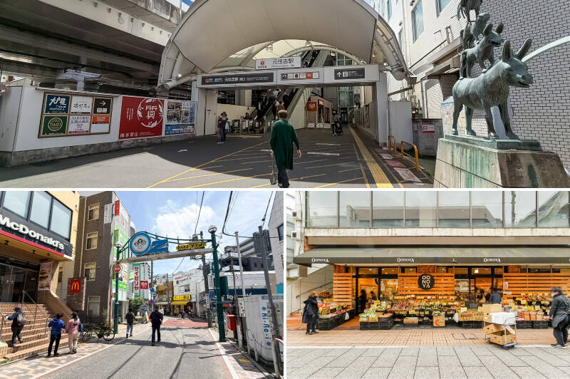 <p><b>上・</b>最寄り駅は南武線の「武蔵中原」ですが(徒歩25分)、東急東横線の「元住吉」駅にも徒歩27分。ドイツ・ブレーメンにある商店街と友好提携を結んでおり、 “ブレーメンの音楽隊” が駅西側のマスコット的役割を担っています。/<b>左下・</b>駅東口側に伸びる「モトスミ・オズ通り」は “オズの魔法使い” がシンボルマーク。東西どちらも親しみやすい商店が並んでいます。/<b>右下・</b>新鮮なお野菜なら産地直送の「大野屋 元住吉店」にお任せあれ(徒歩24分)。</p>